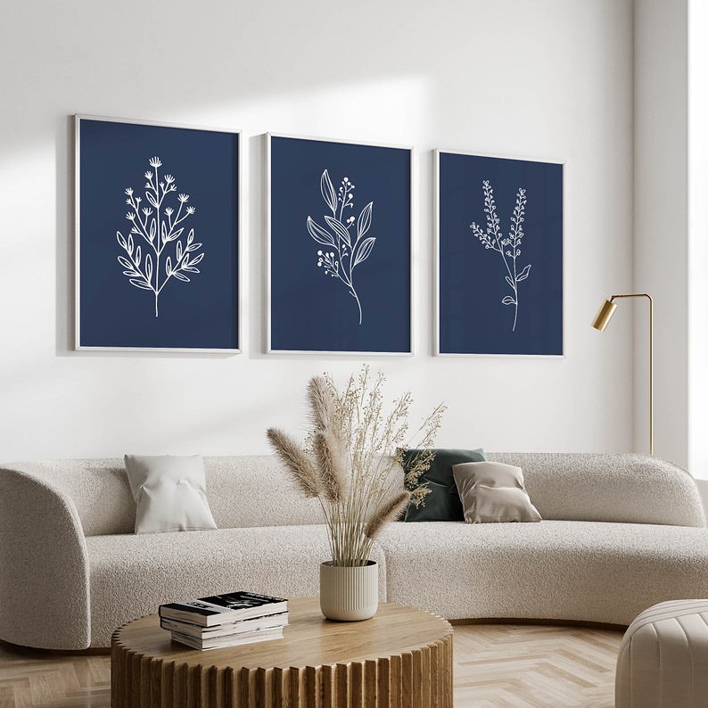 Navy Blue Botanical Wall Art Set of 3 - Framed Botanical Floral Wall Art for Living Room Decor Pakistan - 13x18 A3 White