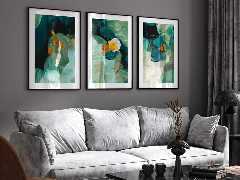 Abstract Green Botanical Wall Art Set of 3 - Modern Abstract Framed Wall Art Decor Pakistan - 13x18 A3 White
