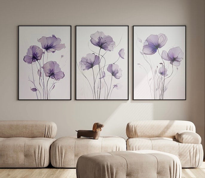 Purple Watercolor Floral Wall Art Set of 3 - Framed Botanical Floral Wall Art for Living Room Decor Pakistan - 13x18 A3 White