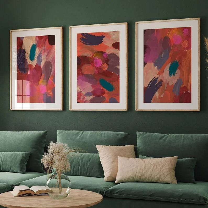 Abstract Pink & Burgundy Wall Art Set of 3 - Modern Abstract Framed Wall Art Decor Pakistan - 13x18 A3 White