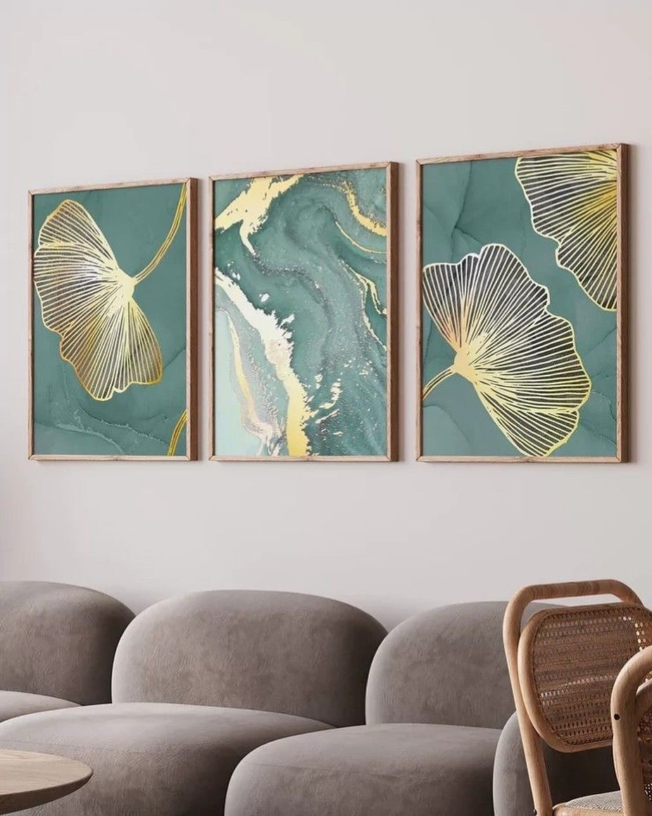 Teal & Gold Ginkgo Leaf Wall Art Set of 3 - Framed Botanical Floral Wall Art for Living Room Decor Pakistan - 13x18 A3 White