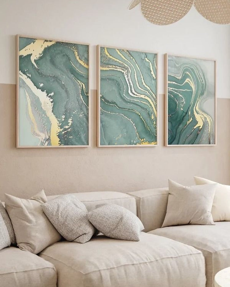 Teal Marble Abstract Wall Art Set of 3 - Framed Botanical Floral Wall Art for Living Room Decor Pakistan - 13x18 A3 White