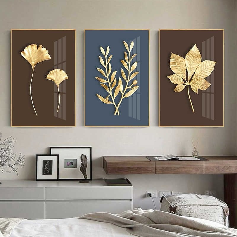 Gold Botanical Leaf Wall Art Set of 3 - Framed Botanical Floral Wall Art for Living Room Decor Pakistan - 13x18 A3 White