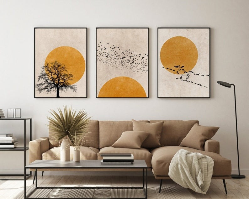 Golden Sun Abstract Wall Art Set of 3 - Modern Abstract Framed Wall Art Decor Pakistan - 13x18 A3 White