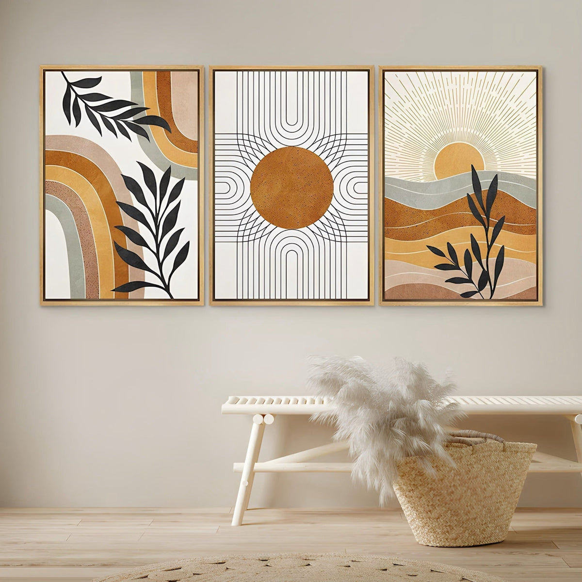 Boho Sun & Botanical Wall Art Set of 3 - Framed Botanical Floral Wall Art for Living Room Decor Pakistan - 13x18 A3 White