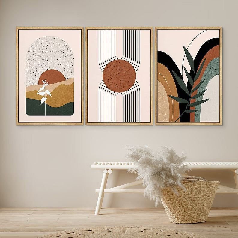 Boho Abstract Wall Art Set of 3 - Framed Botanical Floral Wall Art for Living Room Decor Pakistan - 13x18 A3 White