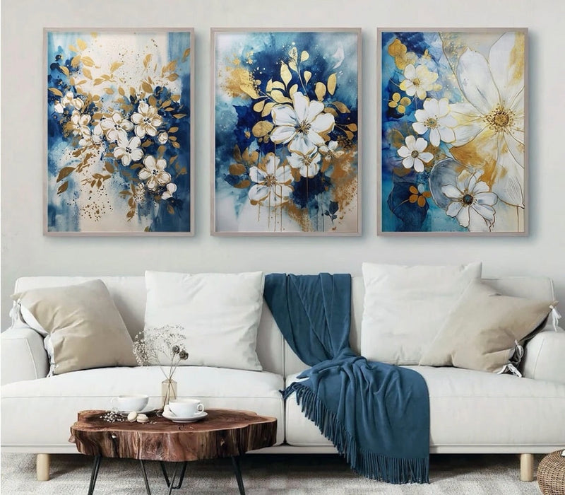 Luxury Floral Abstract Wall Frame Set of 3 - Framed Botanical Floral Wall Art for Living Room Decor Pakistan - 13x18 A3 White