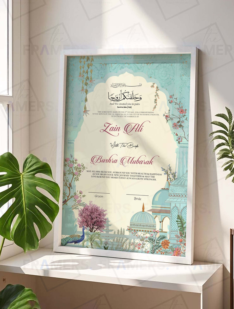 Blue Mughal Garden Nikkah Certificate Frame nikkah certificate frame in white finish
