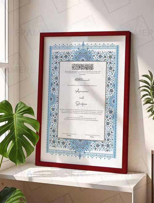 Blue and Grey Floral Nikkah Certificate Frame nikkah certificate frame in maroon finish