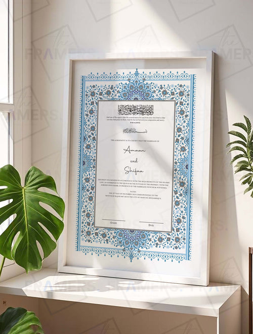 Blue and Grey Floral Nikkah Certificate Frame nikkah certificate frame in white finish