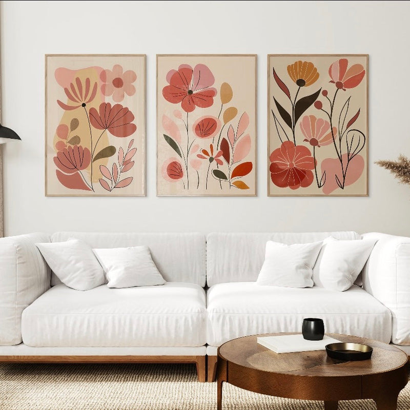 Blush Pink Floral Wall Art Set of 3 - Framed Botanical Floral Wall Art for Living Room Decor Pakistan - 13x18 A3 White