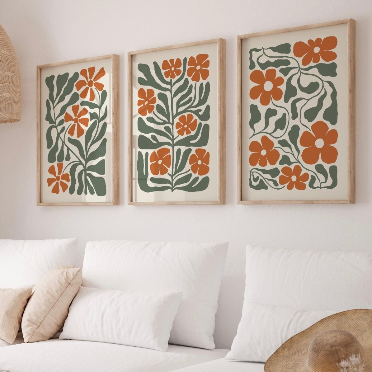Modern Scandinavian Floral Wall Frame Set of 3 - Design 02 - Framed Botanical Floral Wall Art for Living Room Decor Pakistan - 13x18 A3 White