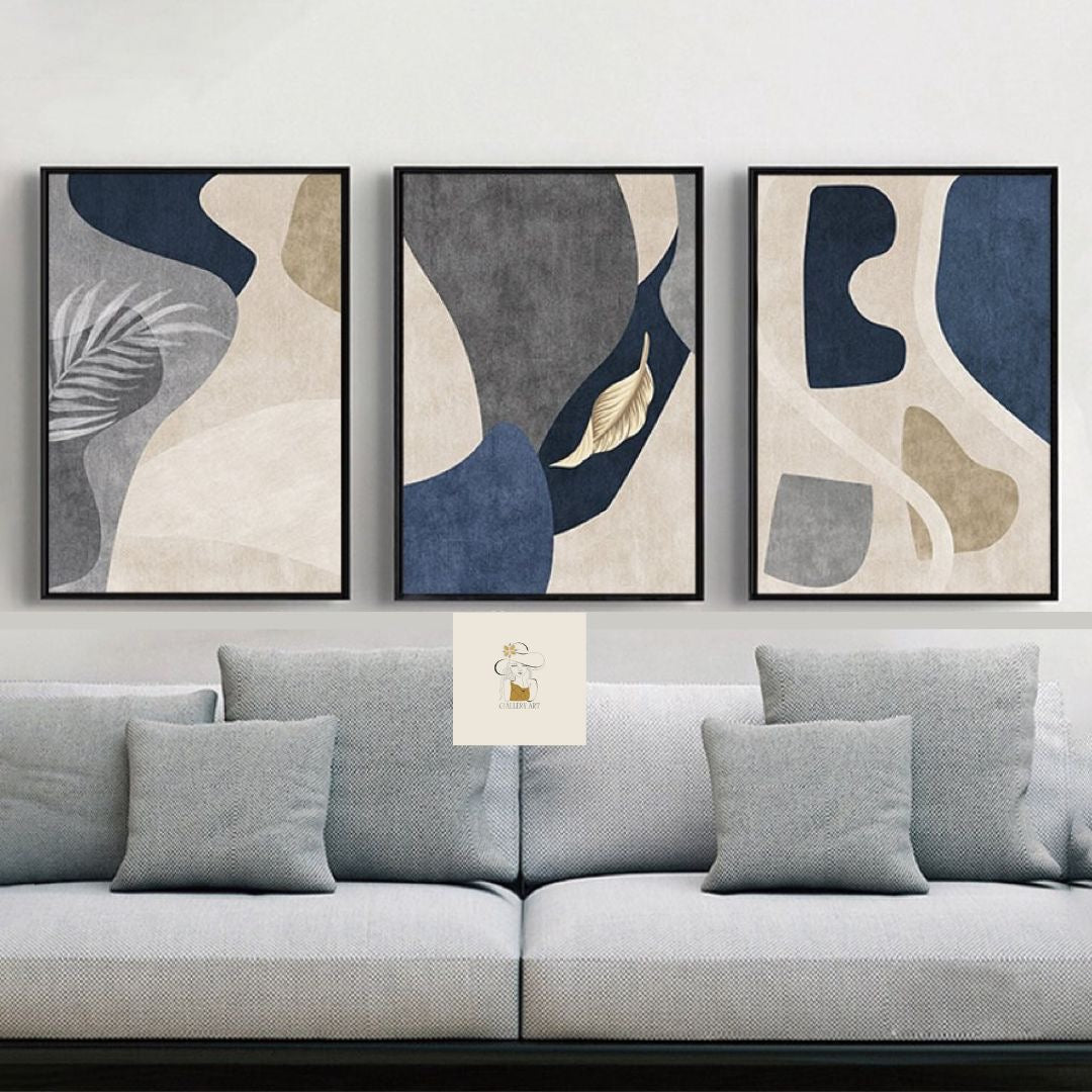 Modern Navy Blue Abstract Wall Art Set of 3 - Modern Abstract Framed Wall Art Decor Pakistan - 13x18 A3 White