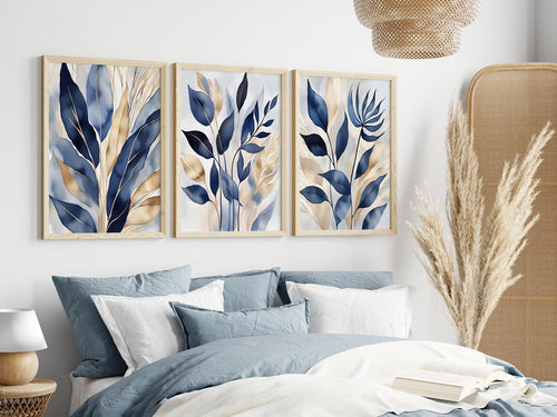 Blue & Gold Botanical Wall Art Set of 3 - Framed Botanical Floral Wall Art for Living Room Decor Pakistan - 13x18 A3 White