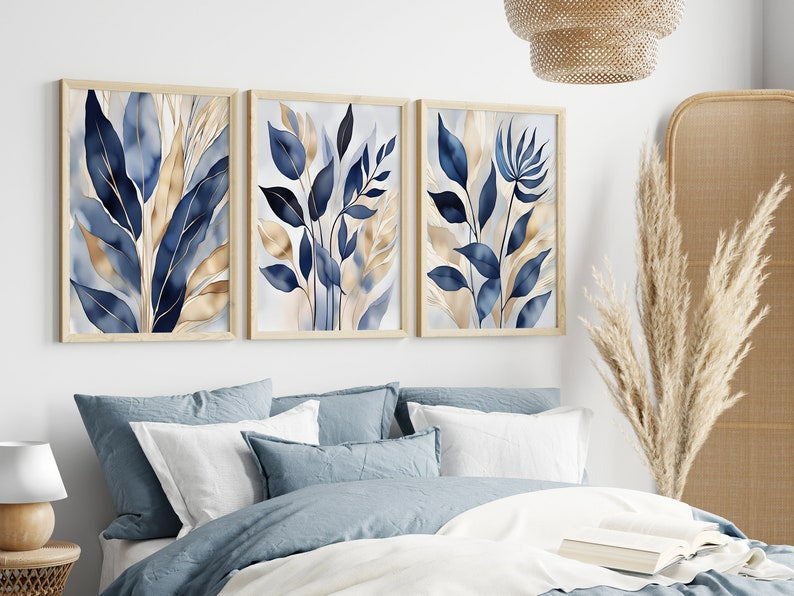 Blue & Gold Botanical Wall Art Set of 3 - Framed Botanical Floral Wall Art for Living Room Decor Pakistan - 13x18 A3 White