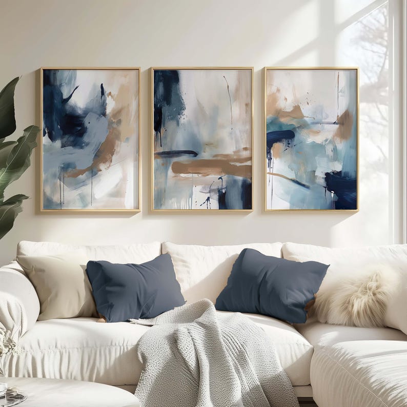 Modern Blue Abstract Wall Art Set of 3 - Modern Abstract Framed Wall Art Decor Pakistan - 13x18 A3 White