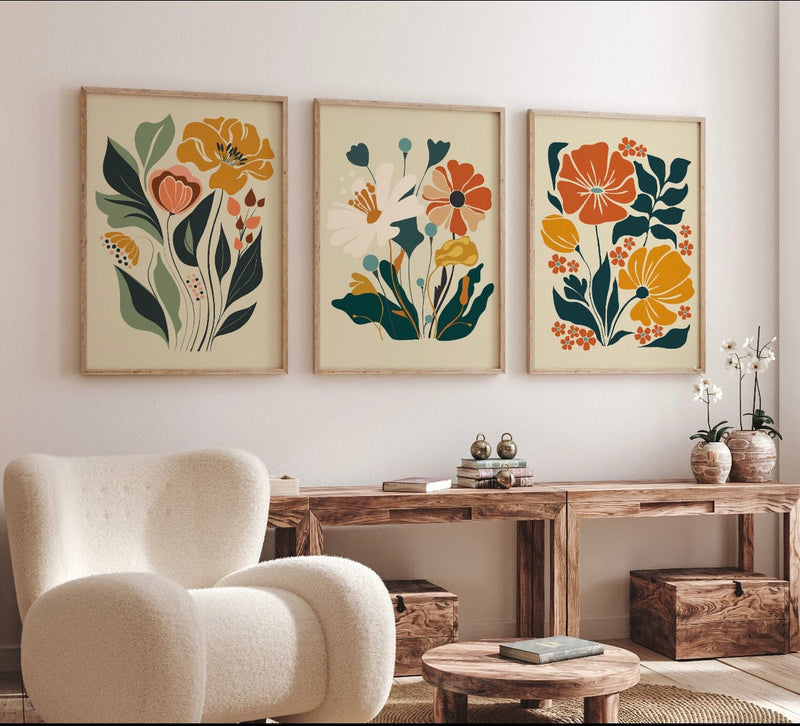 Modern Scandinavian Floral Wall Frame Set of 3 - Design 01 - Framed Botanical Floral Wall Art for Living Room Decor Pakistan - 13x18 A3 White