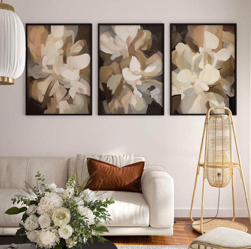 Neutral Abstract Bloom Digital Printed Wall Art Set of 3 - Modern Abstract Framed Wall Art Decor Pakistan - 13x18 A3 White