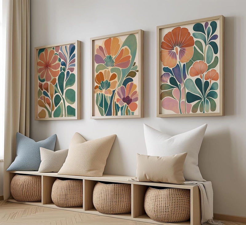 Boho Botanical Floral Digital Printed Wall Art Set of 3 - Framed Botanical Floral Wall Art for Living Room Decor Pakistan - 13x18 A3 White