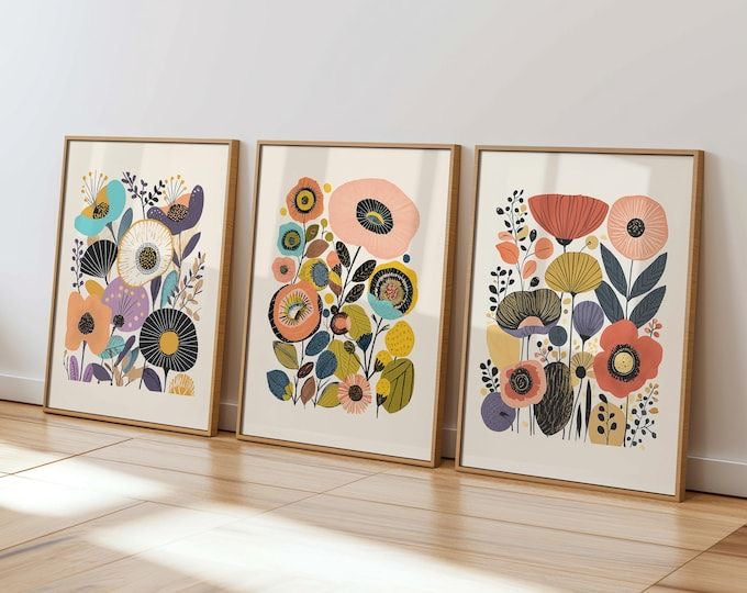 Colorful Botanical Floral Digital Printed Wall Art Set of 3 - Framed Botanical Floral Wall Art for Living Room Decor Pakistan - 13x18 A3 White