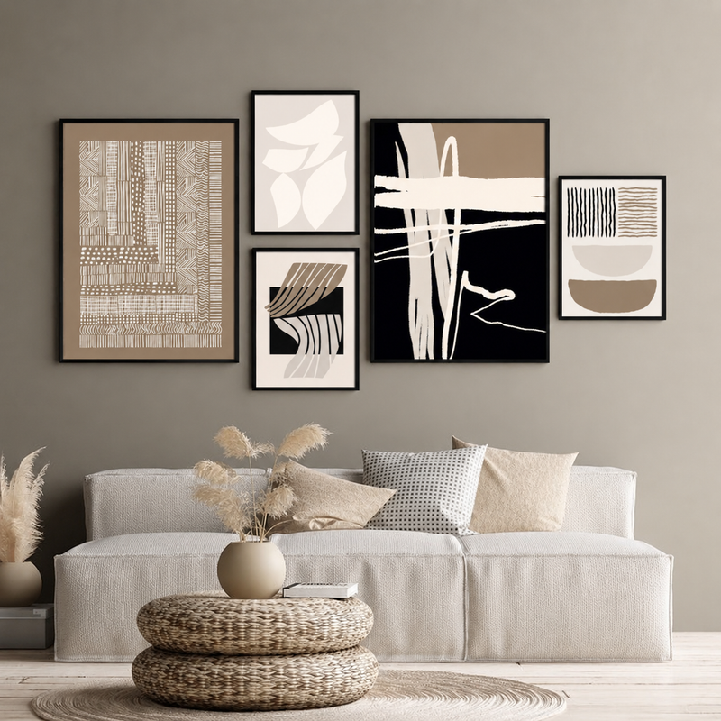 Contemporary Abstract Wall Art Set of 5 - Modern Abstract Framed Wall Art Decor Pakistan - Medium size (2 frames 13x18 & 3 frames 9x13) White