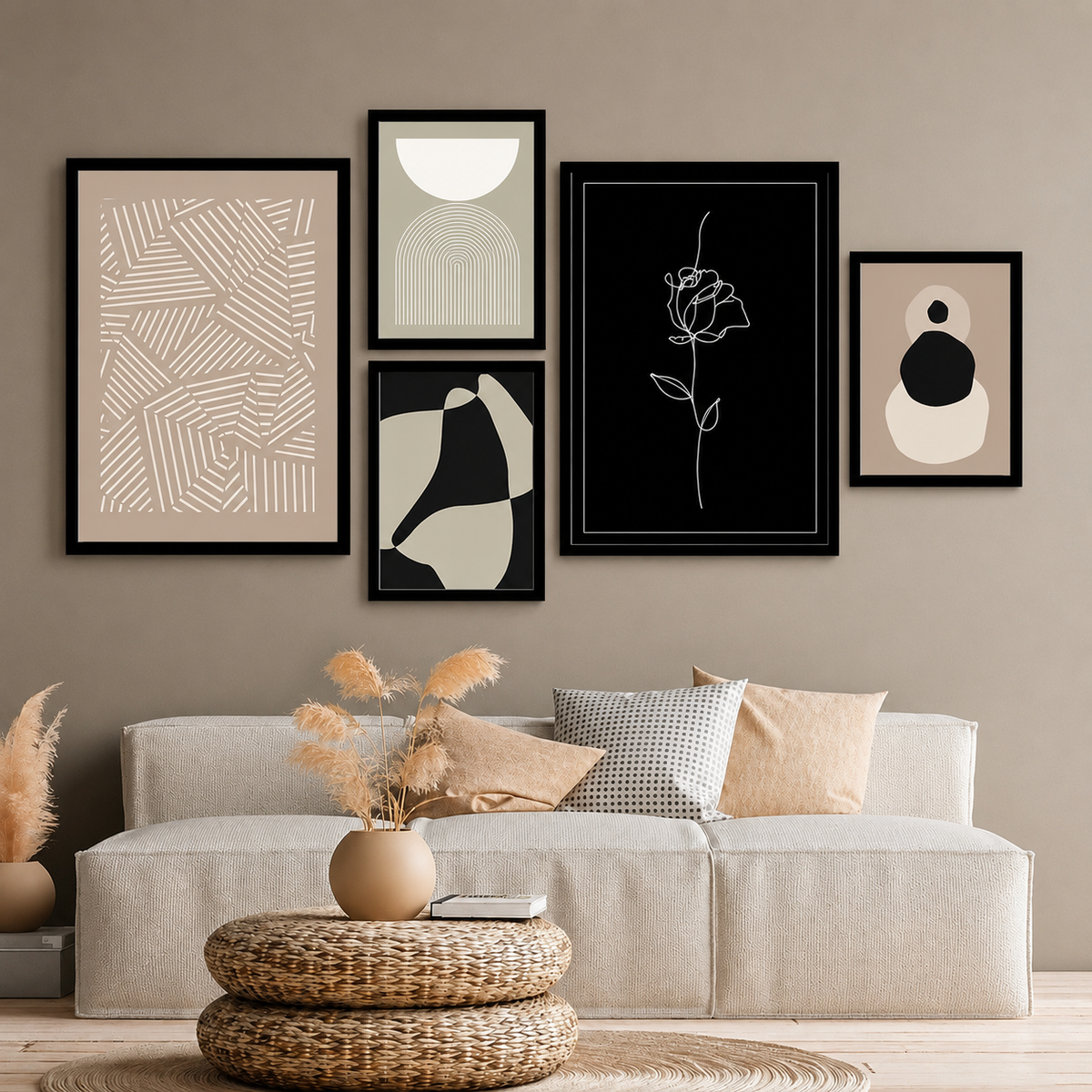 Contemporary Abstract Wall Art Set of 5 - Design 07 - Modern Abstract Framed Wall Art Decor Pakistan - Medium size (2 frames 13x18 & 3 frames 9x13) White