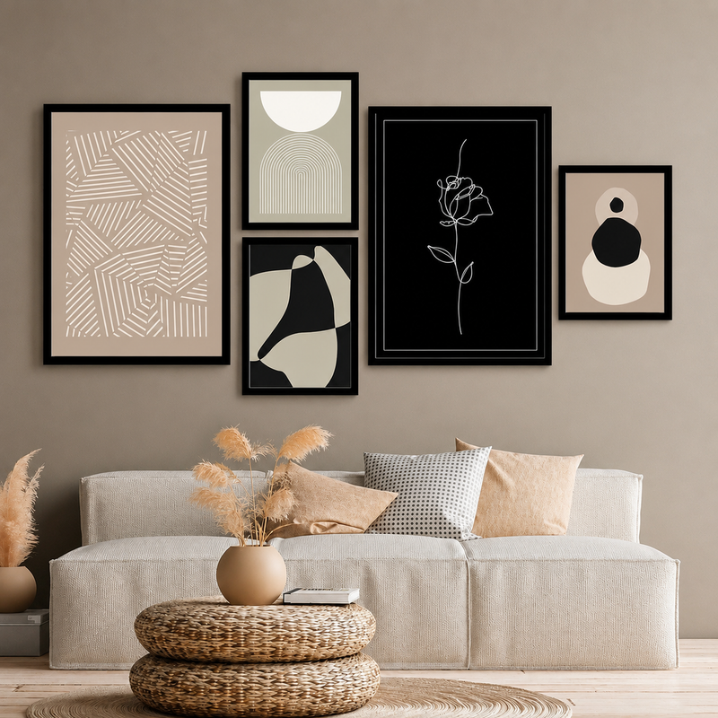 Contemporary Abstract Wall Art Set of 5 - Design 07 - Modern Abstract Framed Wall Art Decor Pakistan - Medium size (2 frames 13x18 & 3 frames 9x13) White