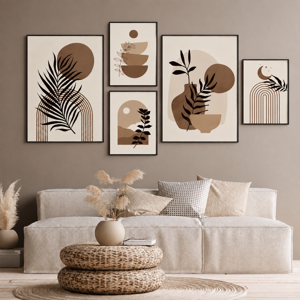 Contemporary Abstract Wall Art Set of 5 - Design 06 - Modern Abstract Framed Wall Art Decor Pakistan - Medium size (2 frames 13x18 & 3 frames 9x13) White