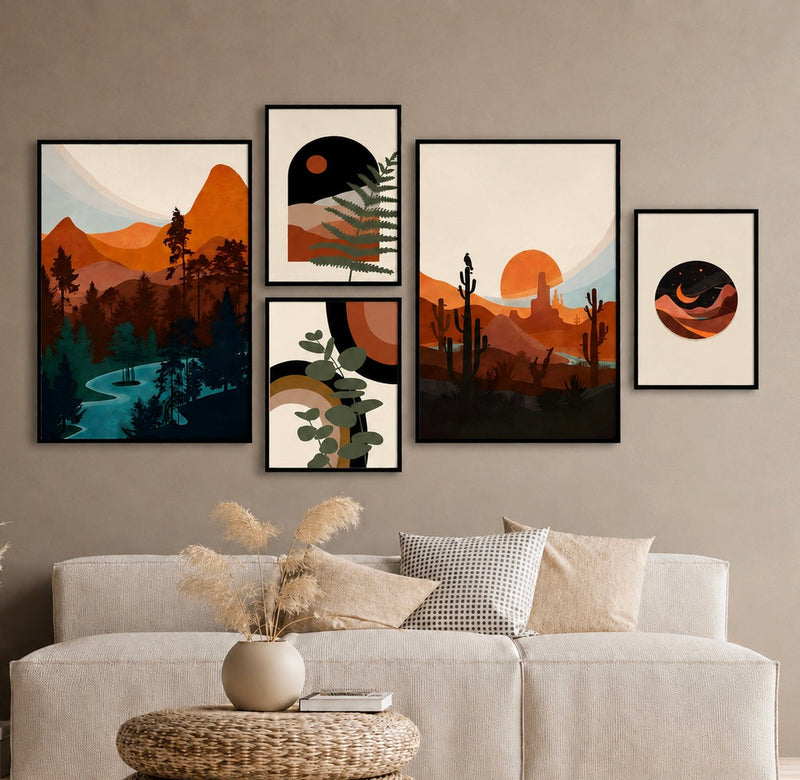 Contemporary Abstract Wall Art Set of 5 - Design 05 - Modern Abstract Framed Wall Art Decor Pakistan - Medium size (2 frames 13x18 & 3 frames 9x13) White
