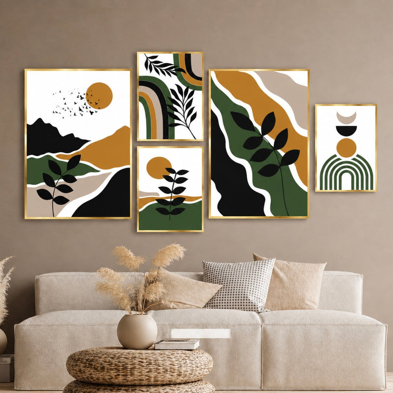 Contemporary Abstract Wall Art Set of 5 - Design 03 - Modern Abstract Framed Wall Art Decor Pakistan - Medium size (2 frames 13x18 & 3 frames 9x13) White