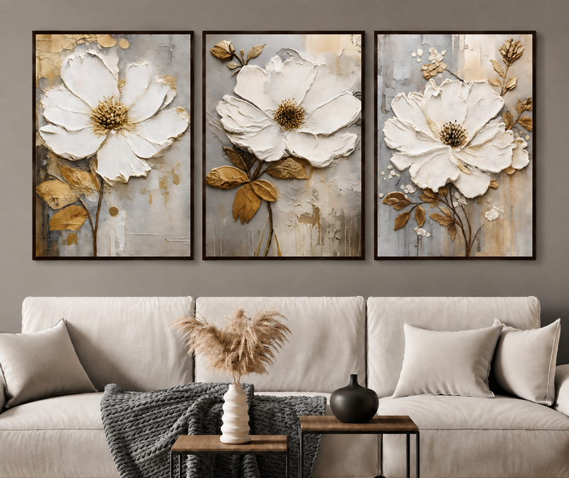 Floral Wall Art Set of 3 - Design 01 - Framed Botanical Floral Wall Art for Living Room Decor Pakistan - 13x18 A3 White