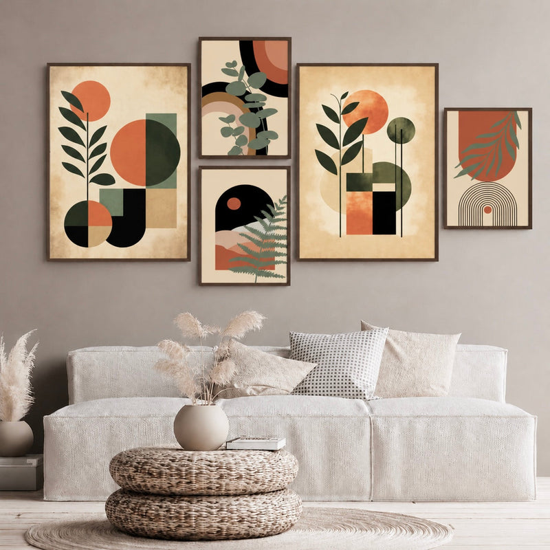 Contemporary Abstract Wall Art Set of 5 - Design 04 - Modern Abstract Framed Wall Art Decor Pakistan - Medium size (2 frames 13x18 & 3 frames 9x13) White