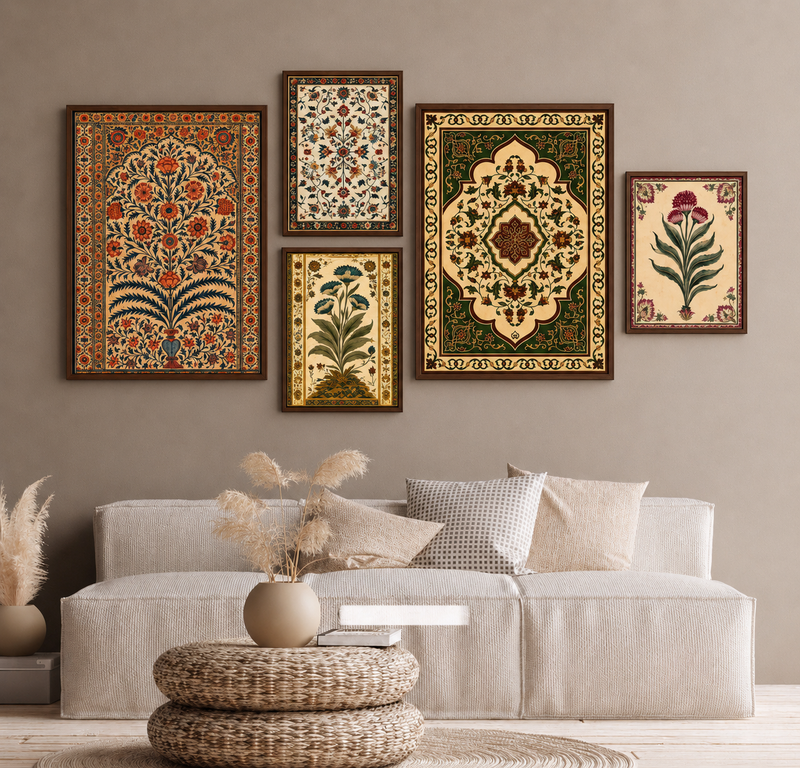 Contemporary Abstract Wall Art Set of 5 - Design 01 - Modern Abstract Framed Wall Art Decor Pakistan - Medium size (2 frames 13x18 & 3 frames 9x13) White