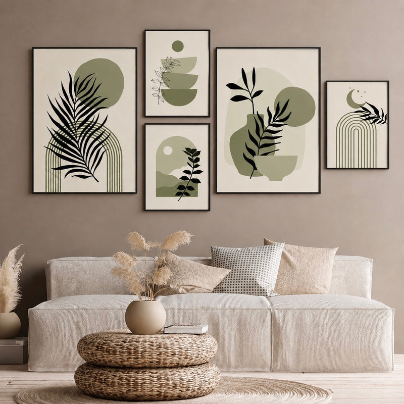 Contemporary Abstract Wall Art Set of 5 - Design 02 - Modern Abstract Framed Wall Art Decor Pakistan - Medium size (2 frames 13x18 & 3 frames 9x13) White