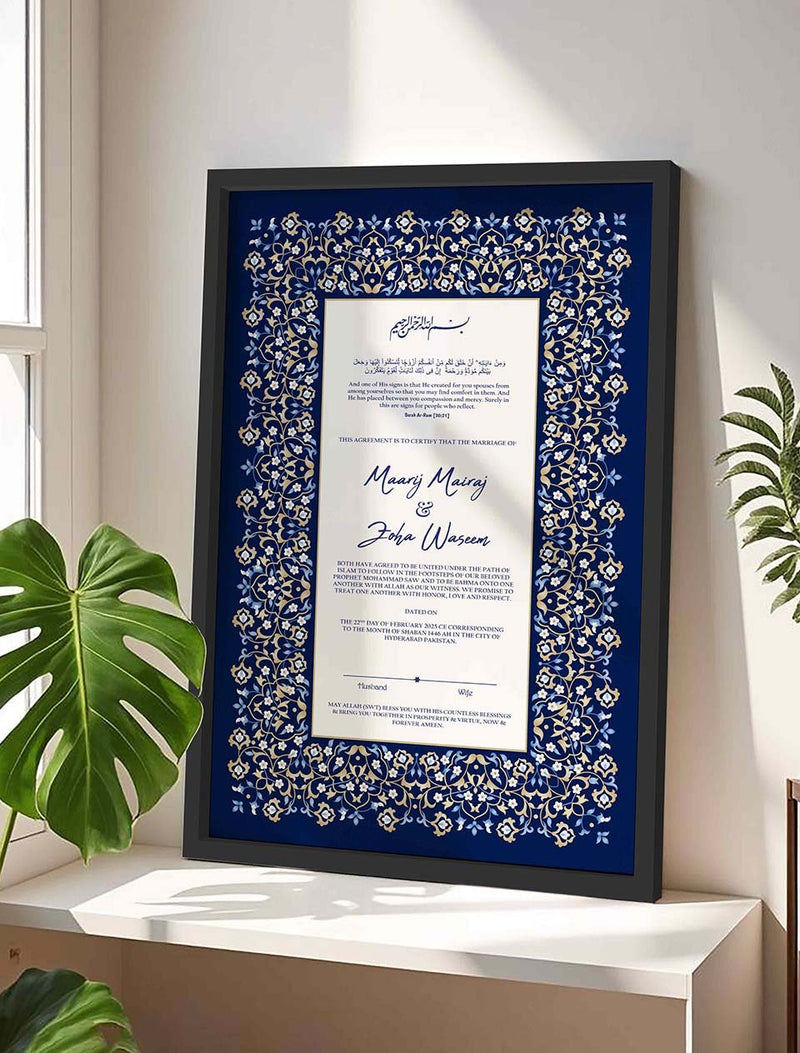 Islamic Wedding Contract Frame with Blue Floral Motifs nikkah certificate frame in black finish