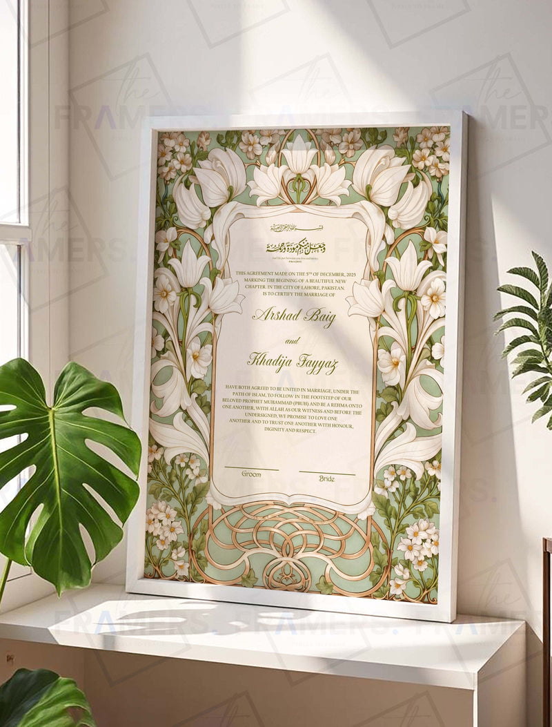 Mint Green Art Nouveau Floral Nikkah Certificate Frame nikkah certificate frame in white finish