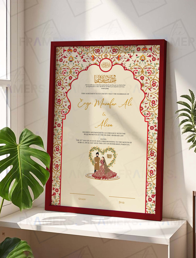 Mughal Red and Gold Nikkah Certificate Frame nikkah certificate frame in maroon finish