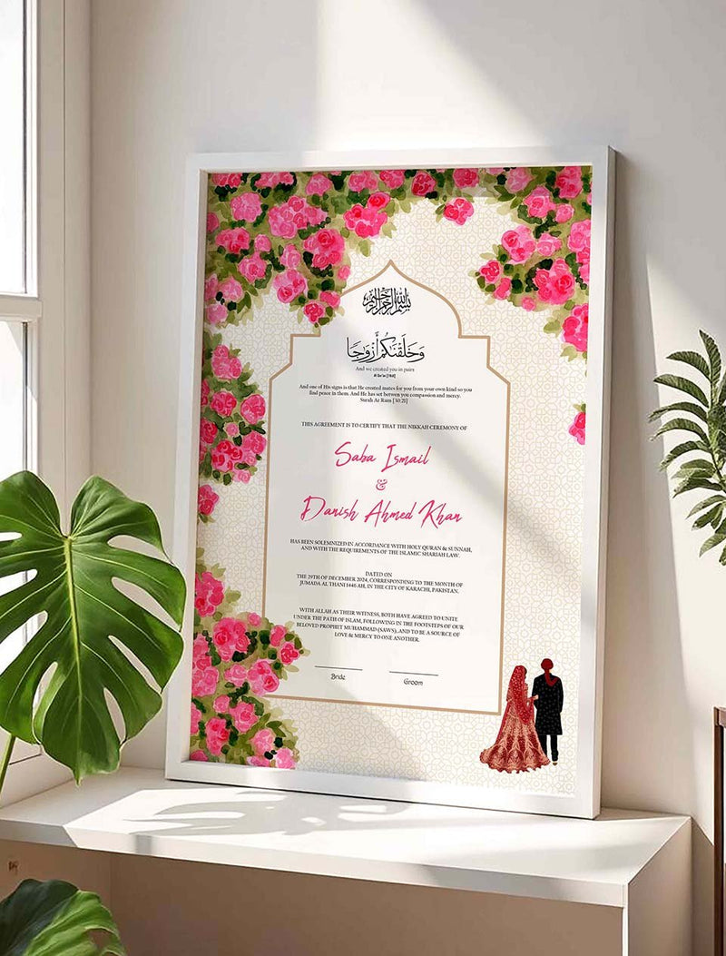 Personalised Nikkah Frame Contract for Bride and Groom nikkah certificate frame in white finish