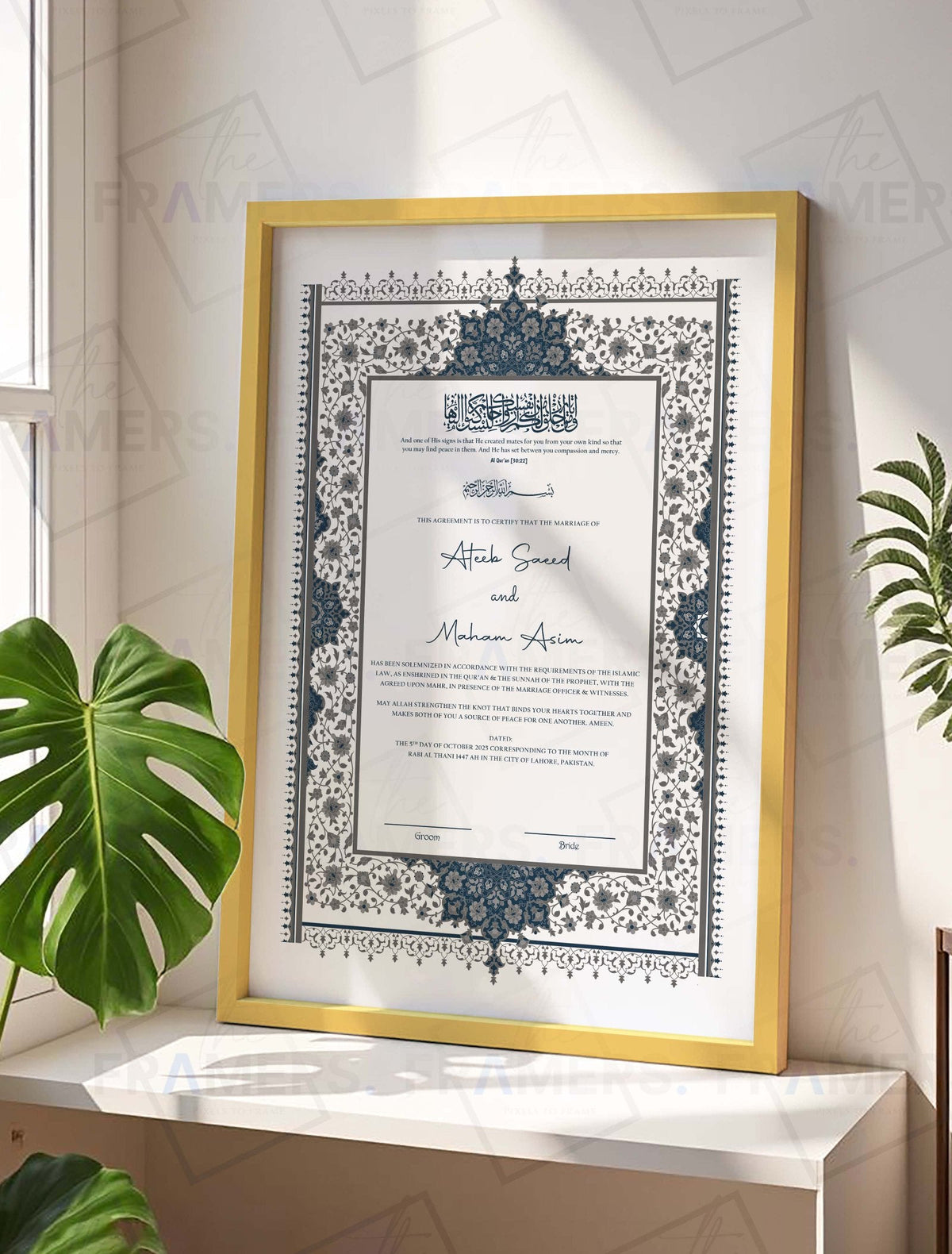 Silver and Navy Floral Nikkah Certificate Frame nikkah certificate frame in golden finish