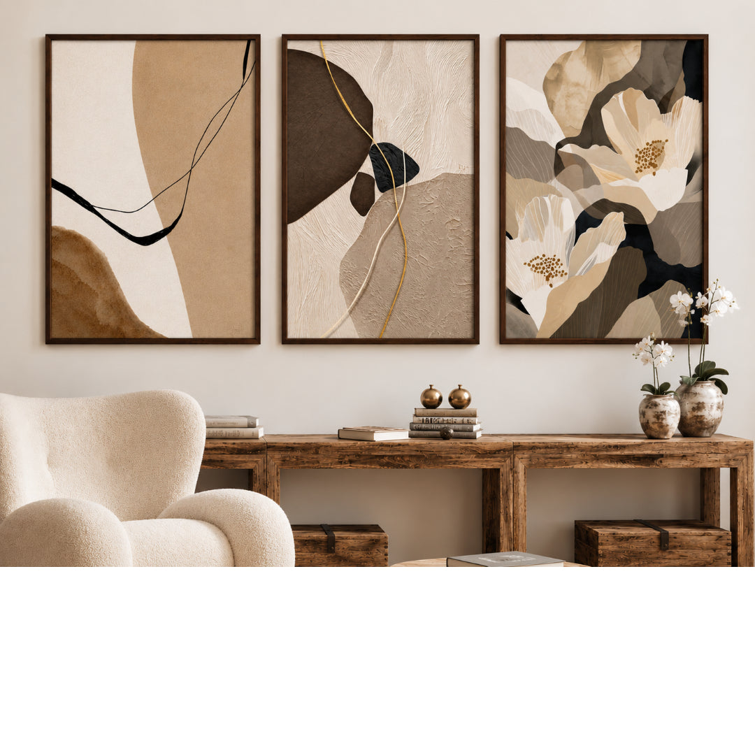 Modern Neutral Abstract & Floral Digital Printed Wall Art Set of 3 - Modern Abstract Framed Wall Art Decor Pakistan - 13x18 A3 White