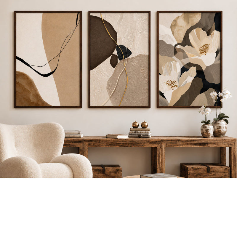 Modern Neutral Abstract & Floral Digital Printed Wall Art Set of 3 - Modern Abstract Framed Wall Art Decor Pakistan - 13x18 A3 White