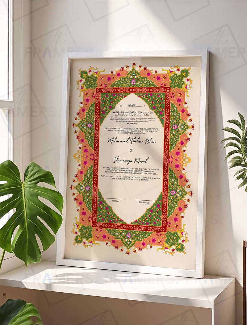 Vibrant Pink and Green Tazhib Nikkah Certificate Frame nikkah certificate frame in white finish