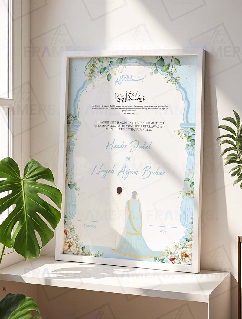 Sky Blue Botanical Nikkah Certificate Frame nikkah certificate frame in white finish