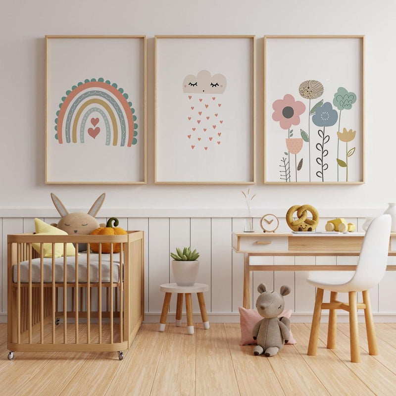 Rainbow and Floral Pastel Nursery Wall Frames Set of 3 for Kids Room