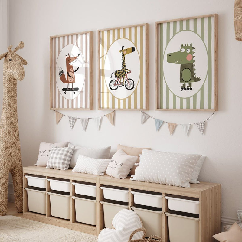 Fox Giraffe and Dinosaur Pastel Kids Wall Frames Set of 3 Nursery Wall Art