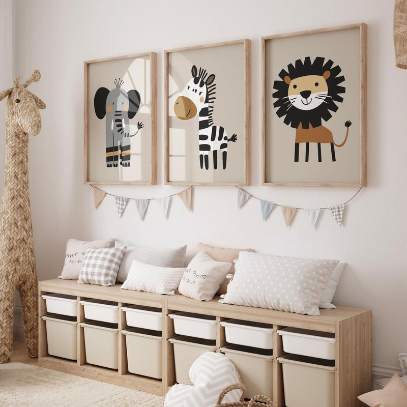 Safari Animals Kids Wall Frames Set of 3 Neutral Nursery Wall Decor