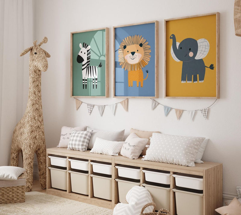 Colorful Jungle Safari Animals Kids Wall Frames Set of 3 Zebra Lion Elephant