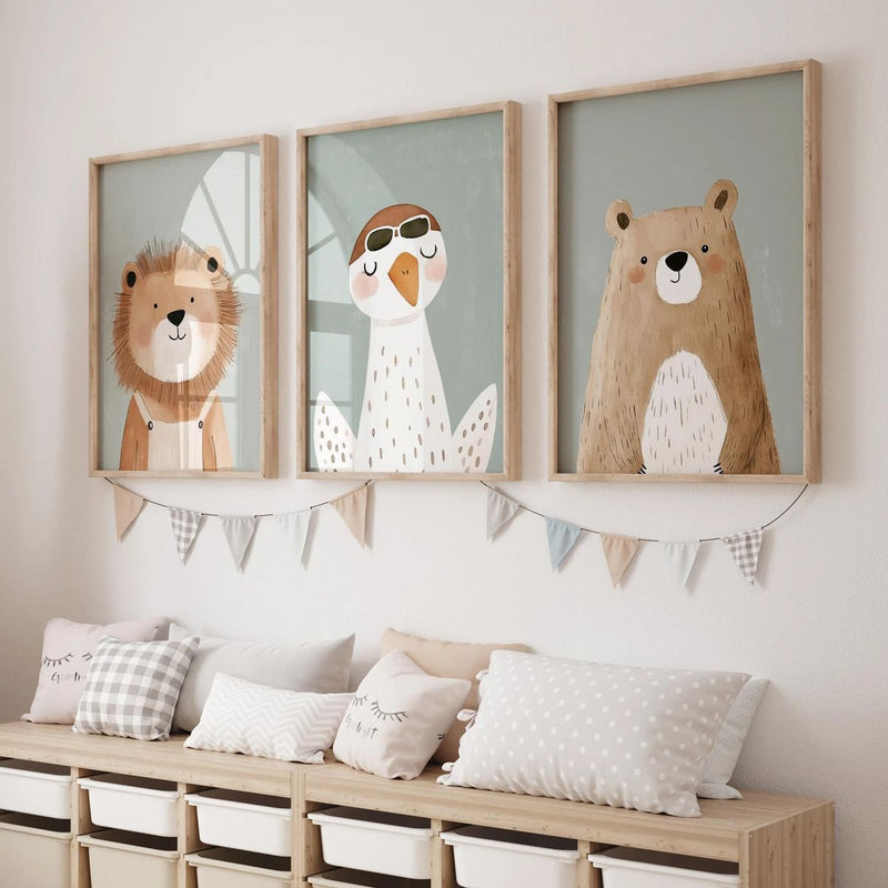 Woodland Animals Kids Wall Frames Set of 3 Nursery Wall Art Lion Bear Bird