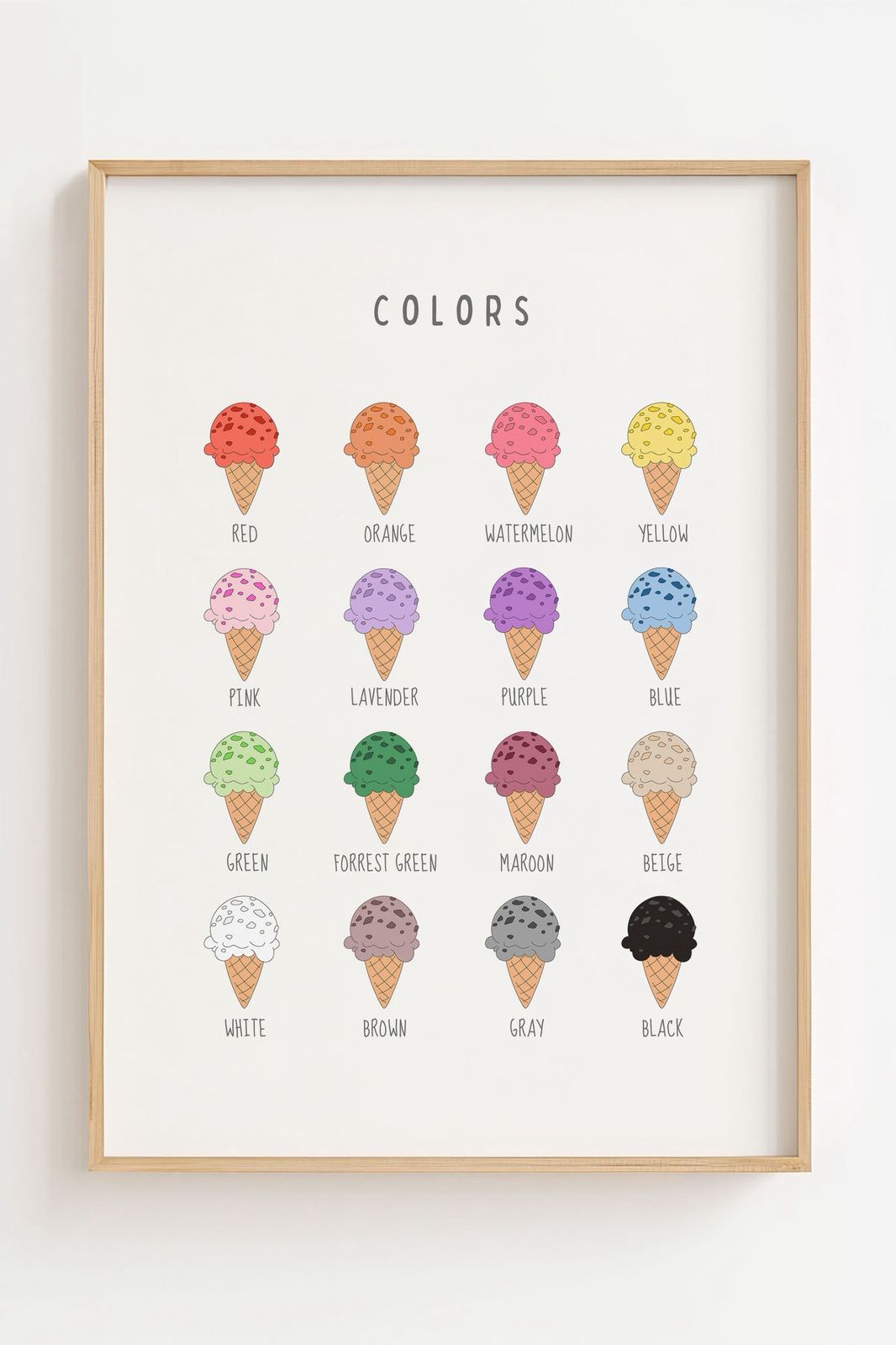 Ice Cream Colors Learning Educational Wall Frame for Kids Room and Nursery