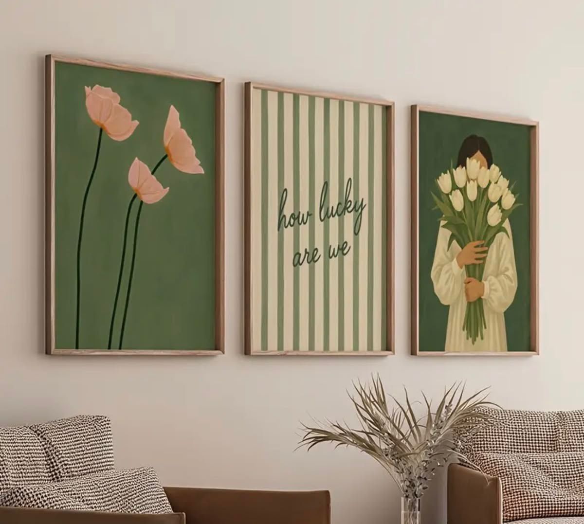 Green Floral & Abstract Botanical Wall Frame Set of 3 - Modern Abstract Framed Wall Art Decor Pakistan - 13x18 A3 White